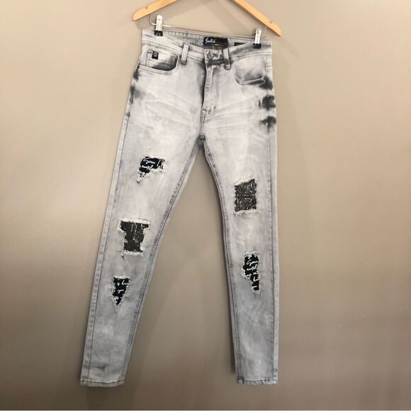 SWITCH Remarkable JEANS MEN'S 30 Acid Washed RIPPED Slim Taper PATCHES Hallyu - Picture 1 of 11